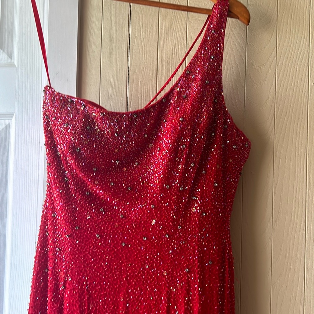 Red Sequin One Shoulder Mermaid Prom Dress size 10.
